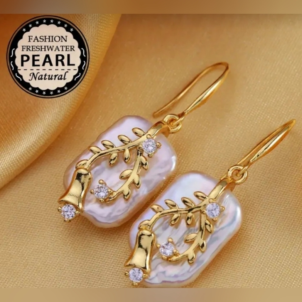 18k Golden Plated Leaf Drop Freshwater Pearl Earrings